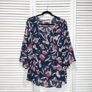 Avenue Sheer Blue and Red Floral Three-Quarter Ruffle Sleeve Blouse Size 18/20